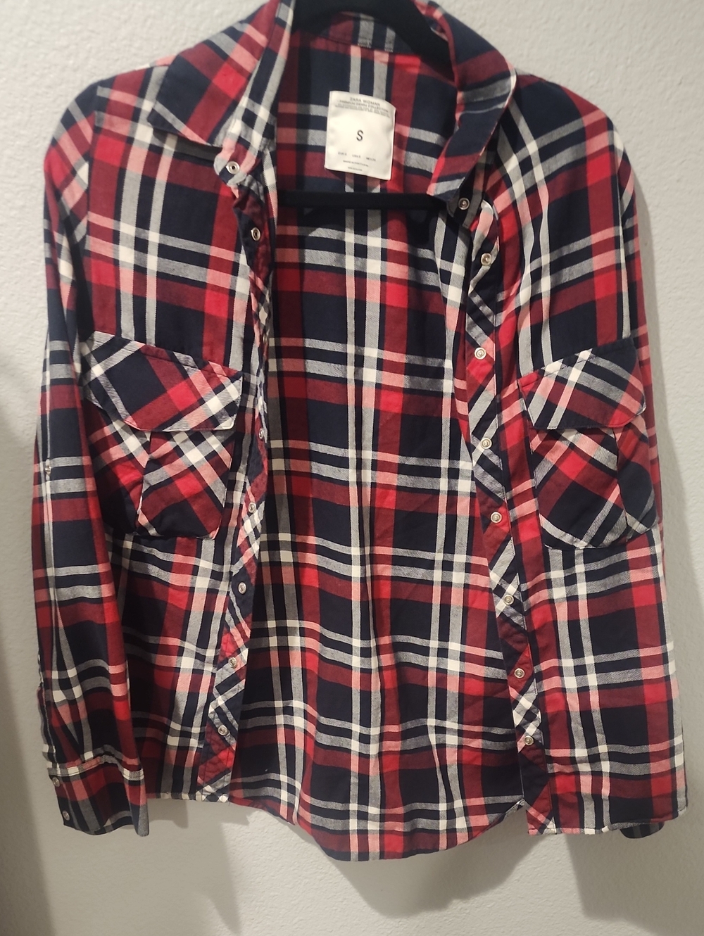 Zara Red, Navy and White Plaid Button-Down Shirt
